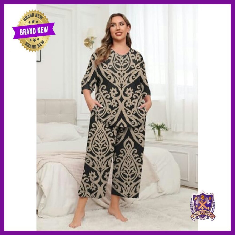 Plus Size Pajama Set V-Neck Capri Pants Soft Knit Sleepwear Loungewear - Picture 6 of 7